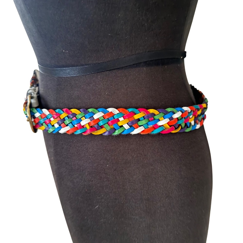 Argentina Capezio Braided Belt Colorful Woven Leather Belt‎ Gold tone Buckle ML - Picture 7 of 12